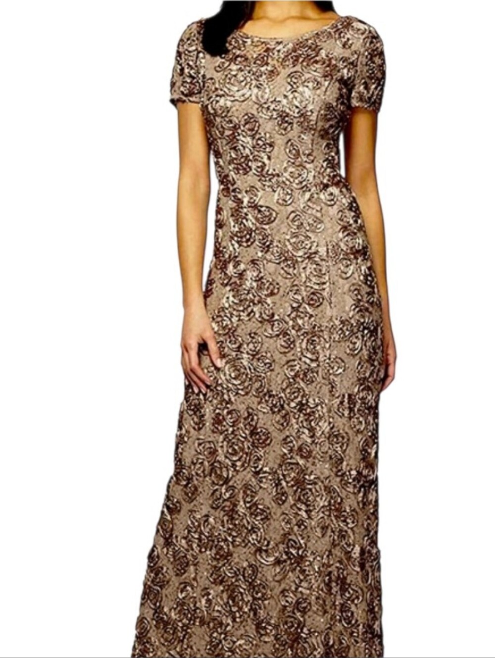 Alex Evenings Nwot Mocha Brown Ribbon Roses Shortsleeve A Line Evening Dress